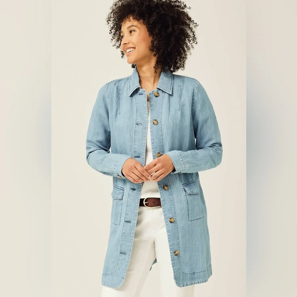 NWT J. Jill Blue Denim Button Front Duster Jacket Somerset Wash size Large Tall - Picture 1 of 15